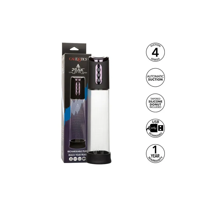 Pompe d'aspiration rechargeable Calexotics Peak noire 4 vitesses cylindre transparent anneau silicone