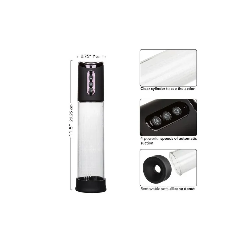 Pompe d'aspiration rechargeable Calexotics Peak noire 4 vitesses cylindre transparent anneau silicone