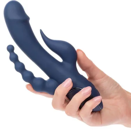 Vibratore ricaricabile tripla azione CalExotics blu, asta curva, catena di perle e stimolatore - giocattolo in silicone