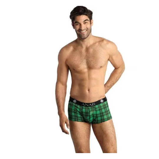 Boxer sexy homme ANAIS MEN à carreaux vert et noir en Lycra stretch, taille élastique confortable.