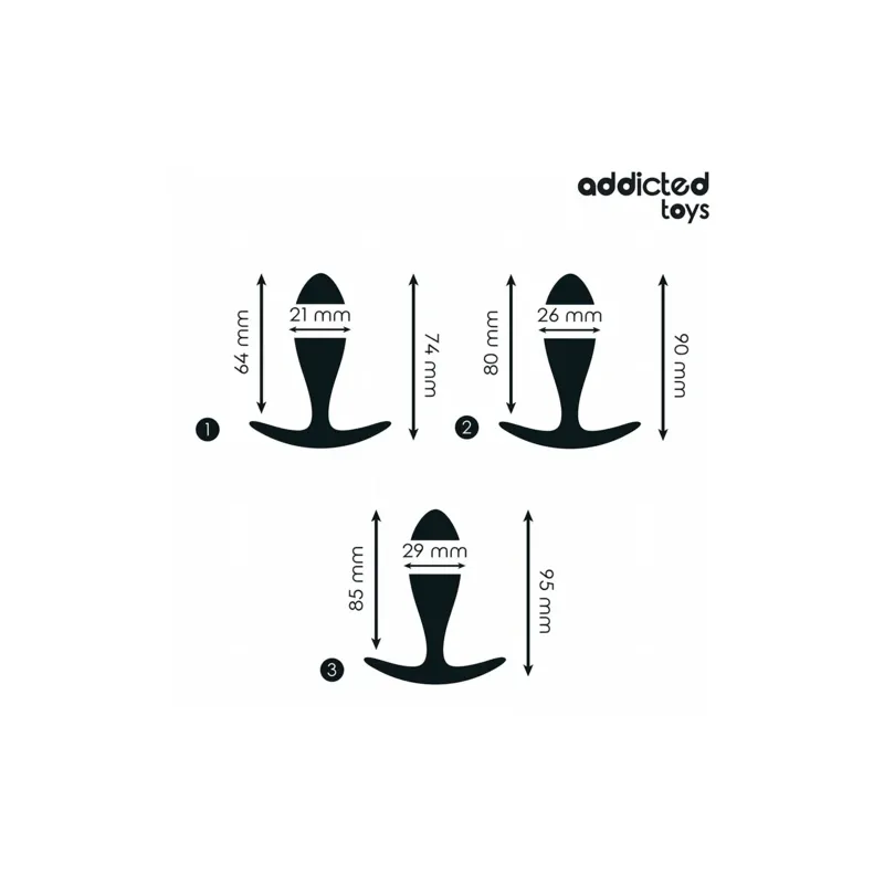 Set di 3 plug anali ADDICTED TOYS in silicone medicale, taglie progressive piccolo medio grande, vista d'insieme del cofanetto.