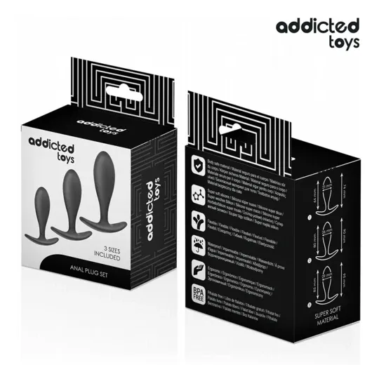 Set di 3 plug anali ADDICTED TOYS in silicone medicale, taglie progressive piccolo medio grande, vista d'insieme del cofanetto.