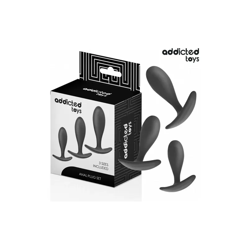 Lote de 3 plugs anales ADDICTED TOYS de silicona médica, tallas progresivas pequeño mediano grande, vista general del conjunto."