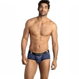 Slip homme ANAIS en tulle rayé noir et bleu marine, jambes courtes, coupe sportive