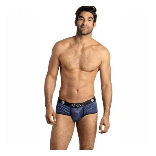 Slip homme ANAIS en tulle rayé noir et bleu marine, jambes courtes, coupe sportive