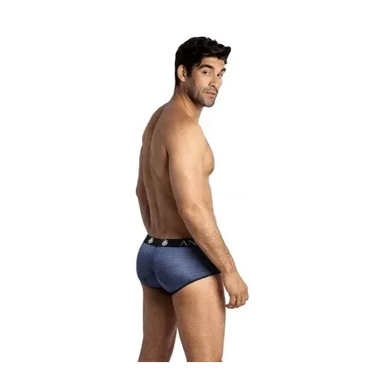 Slip homme ANAIS en tulle rayé noir et bleu marine, jambes courtes, coupe sportive