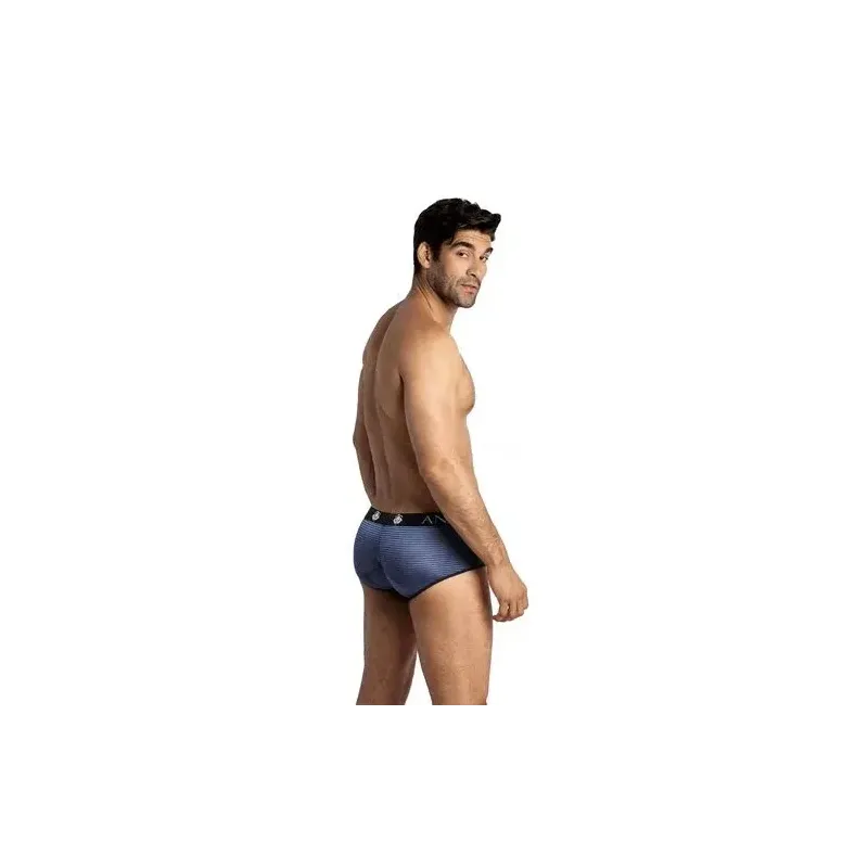 Slip hombre ANAIS en tul rayado negro y azul marino, piernas cortas, ajuste deportivo