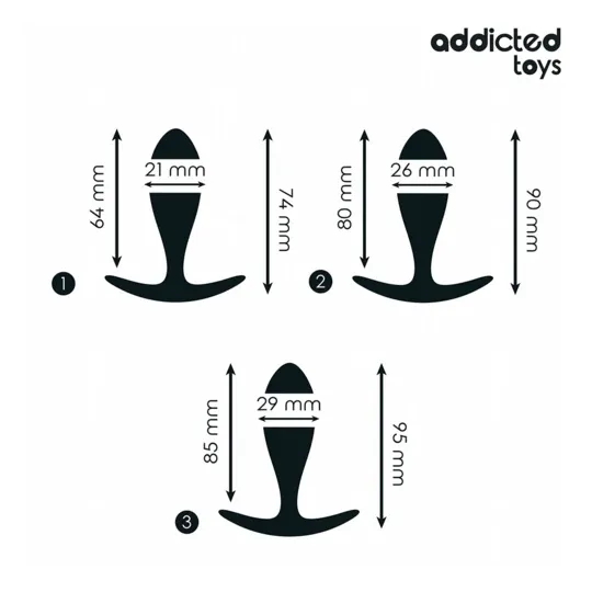 Set di 3 plug anali ADDICTED TOYS in silicone medicale, taglie progressive piccolo medio grande, vista d'insieme del cofanetto.