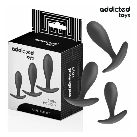 Set von 3 Analplugs ADDICTED TOYS aus medizinischem Silikon, progressive Größen klein mittel groß, Gesamtansicht des Sets.