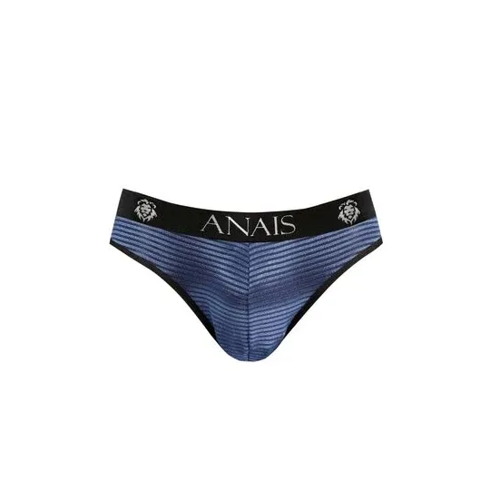Herrenslip ANAIS MEN aus gestreiftem marineblauen Tüll, enganliegend mit breitem elastischem Bund