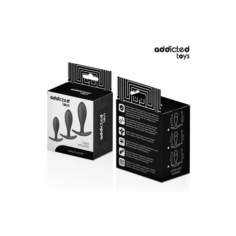 Set di 3 plug anali ADDICTED TOYS in silicone medicale, taglie progressive piccolo medio grande, vista d'insieme del cofanetto.
