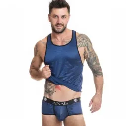 Haut homme Anaïs Men Naval en tulle noir à rayures satinées bleu marine, vue de face, marque Anaïs Men Accessories.