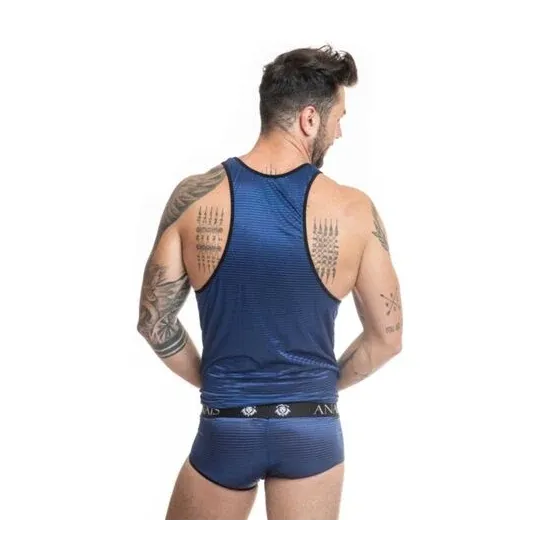 Men's top Anaïs Men Naval in black tulle with navy blue satin stripes, front view, brand Anaïs Men Accessories.