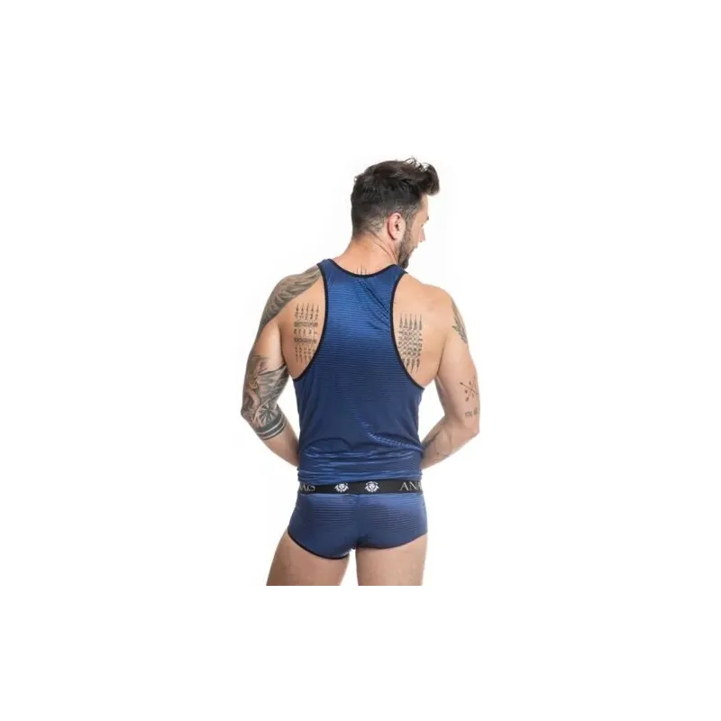 Men's top Anaïs Men Naval in black tulle with navy blue satin stripes, front view, brand Anaïs Men Accessories.
