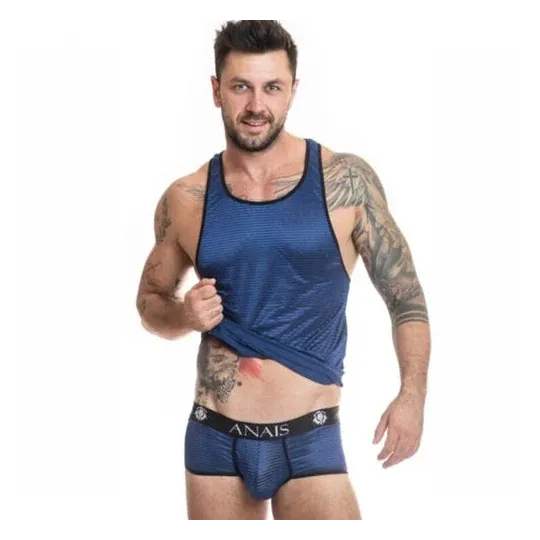 Men's top Anaïs Men Naval in black tulle with navy blue satin stripes, front view, brand Anaïs Men Accessories.