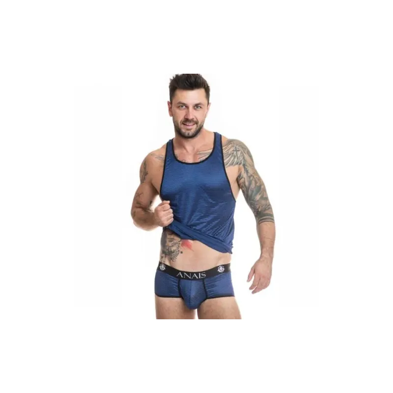 Men's top Anaïs Men Naval in black tulle with navy blue satin stripes, front view, brand Anaïs Men Accessories.