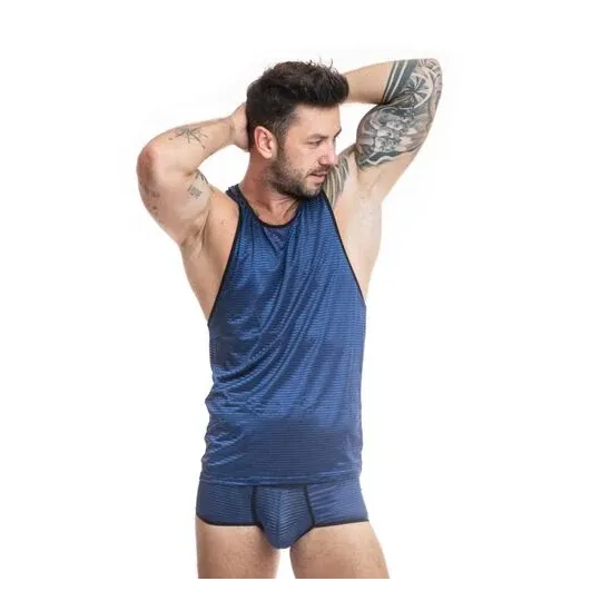 Men's top Anaïs Men Naval in black tulle with navy blue satin stripes, front view, brand Anaïs Men Accessories.
