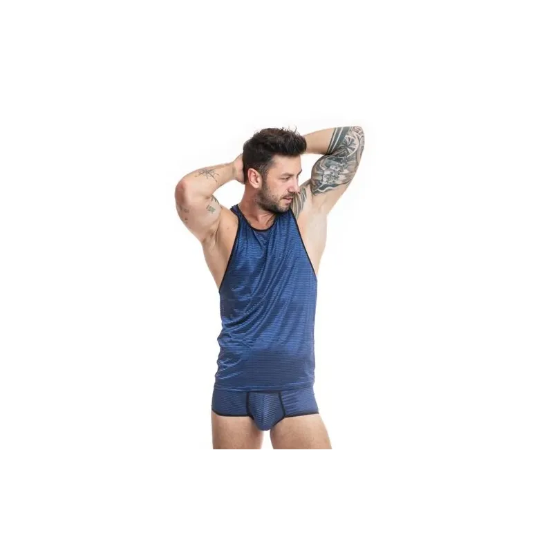 Men's top Anaïs Men Naval in black tulle with navy blue satin stripes, front view, brand Anaïs Men Accessories.