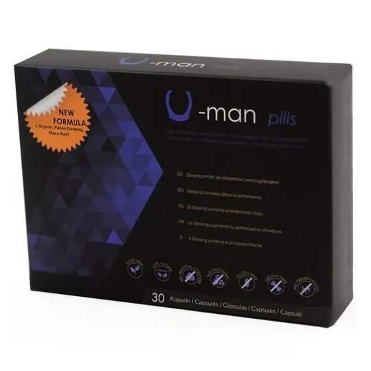 Boîte de 30 capsules du complément U-Man 500 COSMETICS pour augmentation pénis et puissance sexuelle, ingrédients naturels.