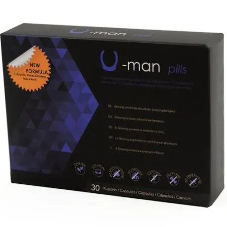 Box of 30 capsules of 500 COSMETICS U-Man supplement for penis enlargement and sexual stamina, natural formula.