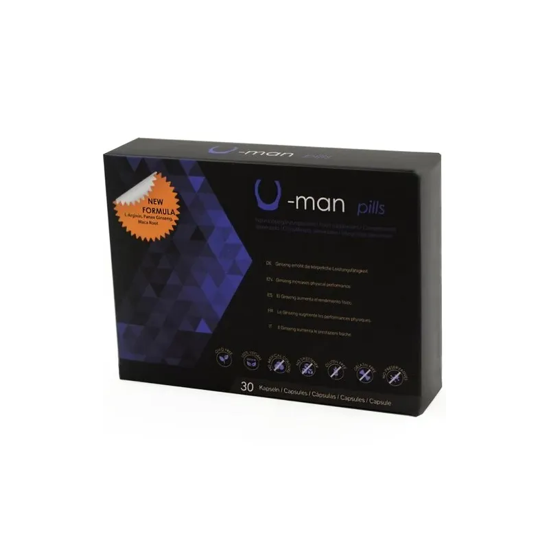 Boîte de 30 capsules du complément U-Man 500 COSMETICS pour augmentation pénis et puissance sexuelle, ingrédients naturels.