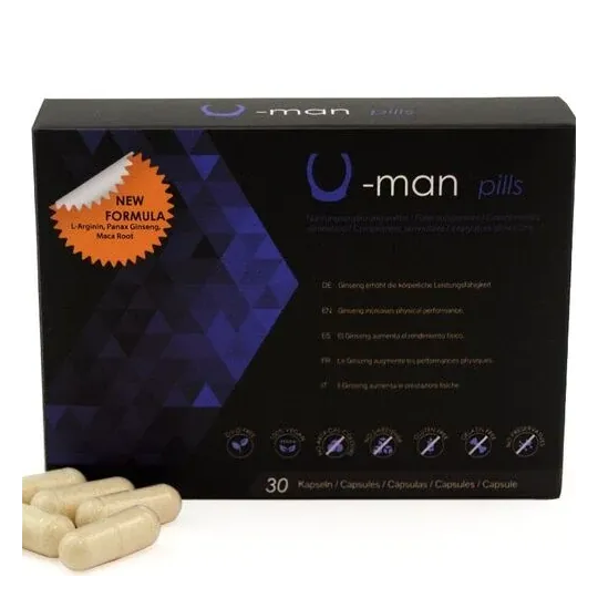 Box of 30 capsules of 500 COSMETICS U-Man supplement for penis enlargement and sexual stamina, natural formula.