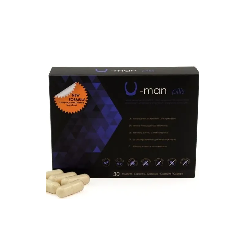 Boîte de 30 capsules du complément U-Man 500 COSMETICS pour augmentation pénis et puissance sexuelle, ingrédients naturels.