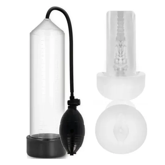 Transparent penis vacuum pump RX3 with pleasure sleeve, PUMP ADDICTED, medical device for erection enhancement.