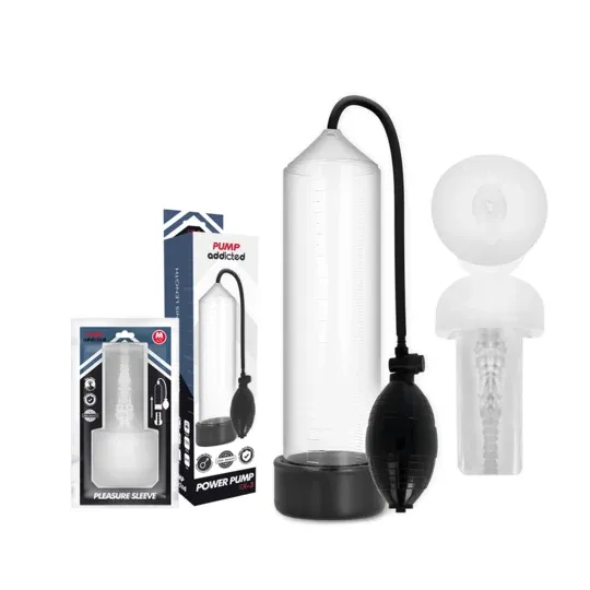 Pompa a vuoto per pene trasparente RX3 con manicotto del piacere, PUMP ADDICTED, dispositivo medico per erezioni.