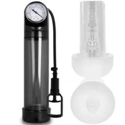 Bomba de vacío PUMP ADDICTED RX9 negra con masturbador talla M, cuerpo de ABS y silicona, para agrandamiento del pene.