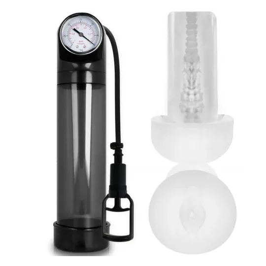 Schwarze Penispumpe PUMP ADDICTED RX9 mit Masturbator Größe M, ABS und Silikon, zur Penisvergrößerung.