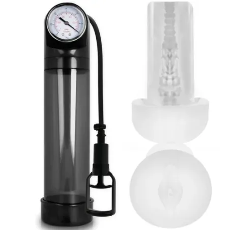 Bomba de vacío PUMP ADDICTED RX9 negra con masturbador talla M, cuerpo de ABS y silicona, para agrandamiento del pene.