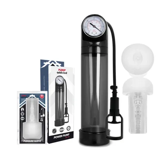 Pompa a vuoto PUMP ADDICTED RX9 nera con masturbatore taglia M, corpo in ABS e silicone, per allungamento pene.
