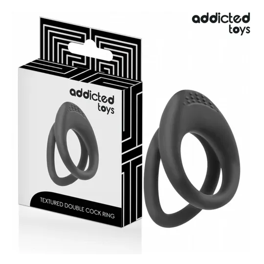 Anillo pene doble Addicted Toys con dos tamaños Ø37 y Ø45 mm - vista general" }, { "id_image": 1463, "fr": "Détail texture stimu