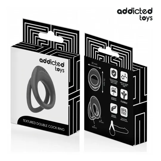 Anillo pene doble Addicted Toys con dos tamaños Ø37 y Ø45 mm - vista general" }, { "id_image": 1463, "fr": "Détail texture stimu