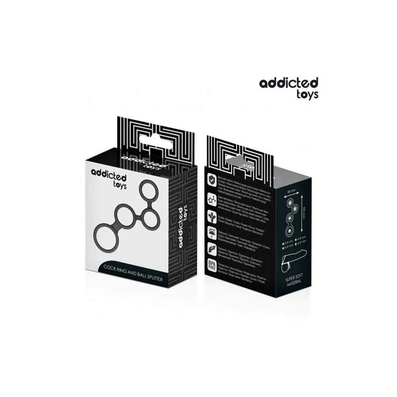 Black silicone penis ring by Addicted Toys with ball separator, 4 sizes S to XL