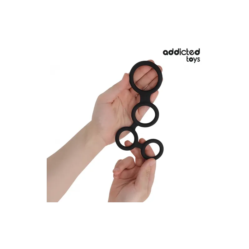 Anneau pénis Addicted Toys en silicone noir avec séparateur de testicules, 4 tailles S à XL