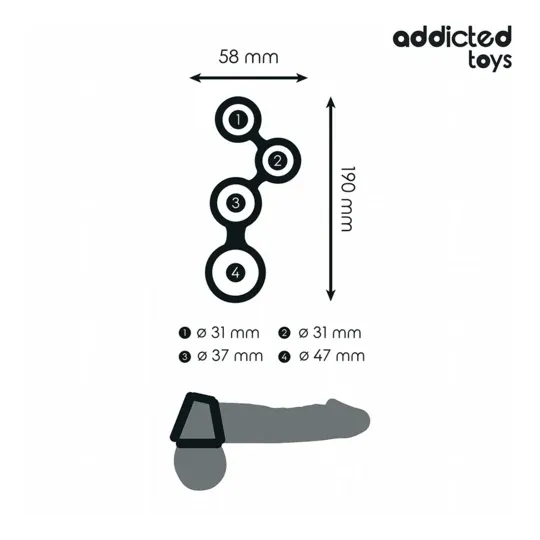 Anneau pénis Addicted Toys en silicone noir avec séparateur de testicules, 4 tailles S à XL