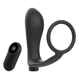 Anello pene e plug anale ricaricabili Addicted Toys neri, con telecomando senza fili per doppia stimolazione.