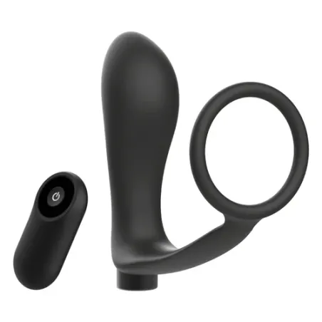 Anneau pénis et plug anal rechargeables Addicted Toys noirs, télécommande sans fil pour double stimulation.