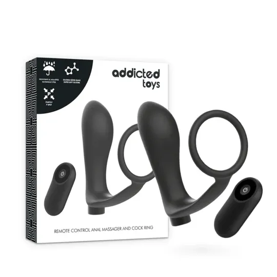 Anillo pene y plug anal recargables Addicted Toys negros, con control remoto inalámbrico para doble estimulación." }, { "fr": "P