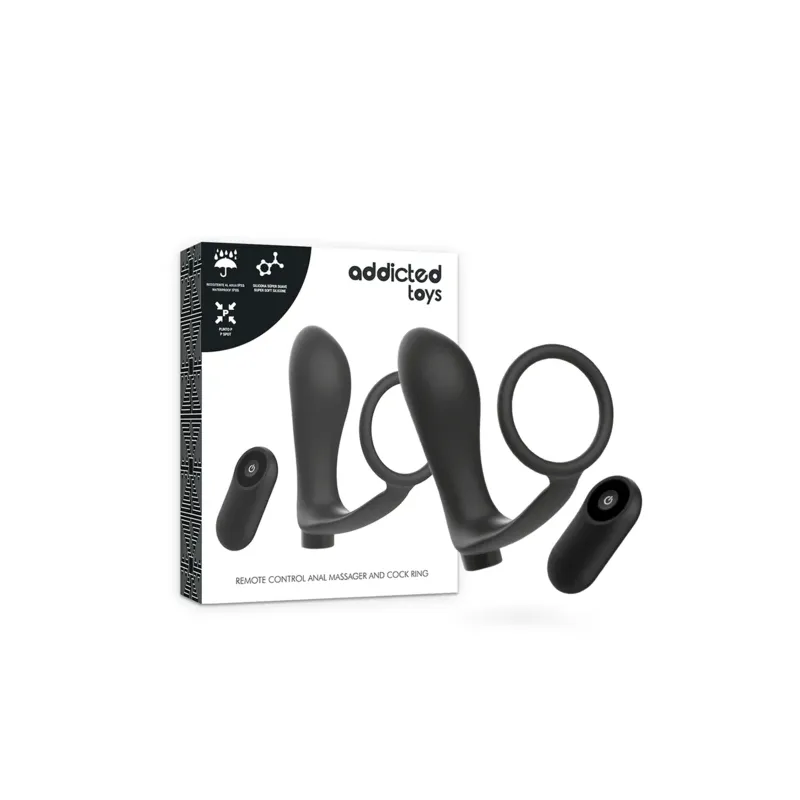 Rechargeable penis ring and anal plug by Addicted Toys in black, with wireless remote control for dual stimulation.