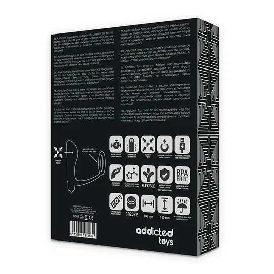 Rechargeable penis ring and anal plug by Addicted Toys in black, with wireless remote control for dual stimulation.