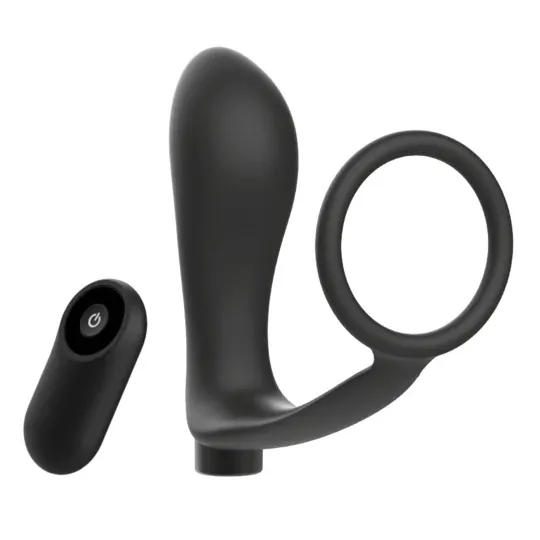 Anello pene e plug anale ricaricabili Addicted Toys neri, con telecomando senza fili per doppia stimolazione.