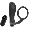 Anello pene e plug anale ricaricabili Addicted Toys neri, con telecomando senza fili per doppia stimolazione.