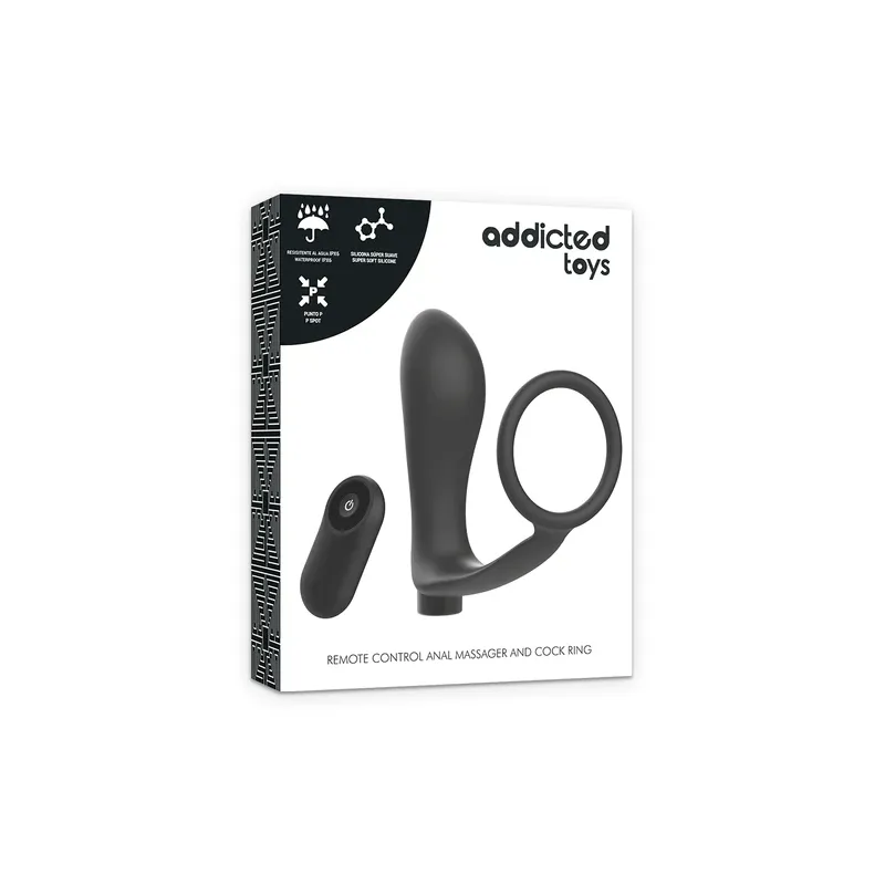 Anneau pénis et plug anal rechargeables Addicted Toys noirs, télécommande sans fil pour double stimulation.