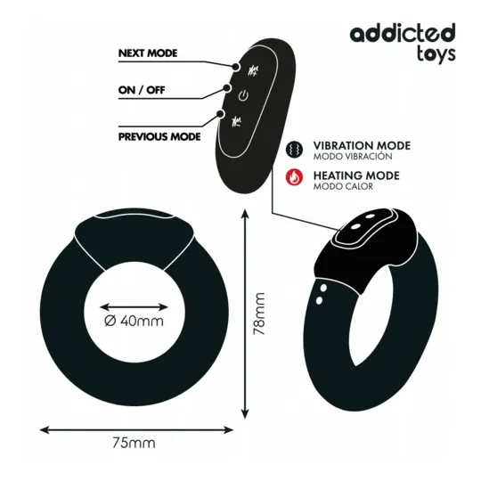 Anillo vibrador con calor Addicted Toys con mando a distancia inalámbrico y efecto cálido para parejas