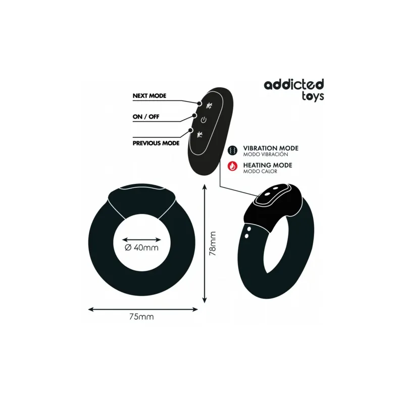 Anillo vibrador con calor Addicted Toys con mando a distancia inalámbrico y efecto cálido para parejas