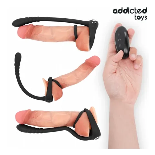 Addicted Toys – Vibrating penis ring with dual motors and remote control, black medical silicone