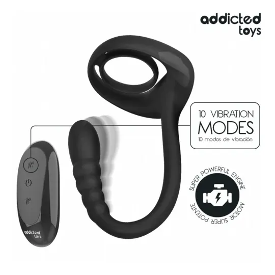Addicted Toys – Vibrating penis ring with dual motors and remote control, black medical silicone